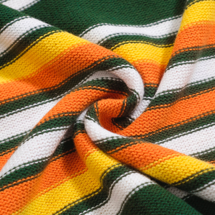 Men's green vintage striped knitted V-neck knitted polo