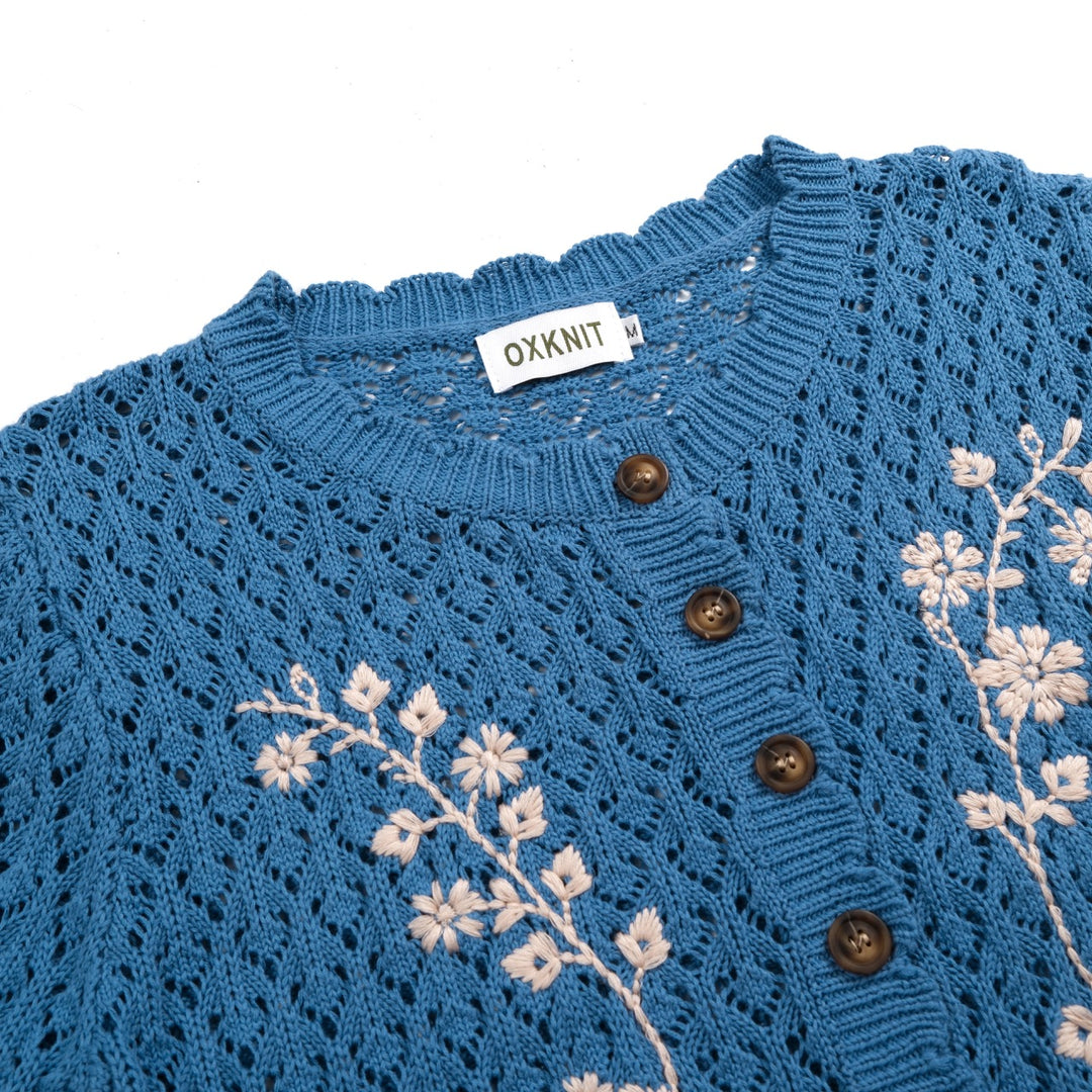 Women's Vintage Blue Openwork Floral Embroidered Ruffle Knit Cardigan