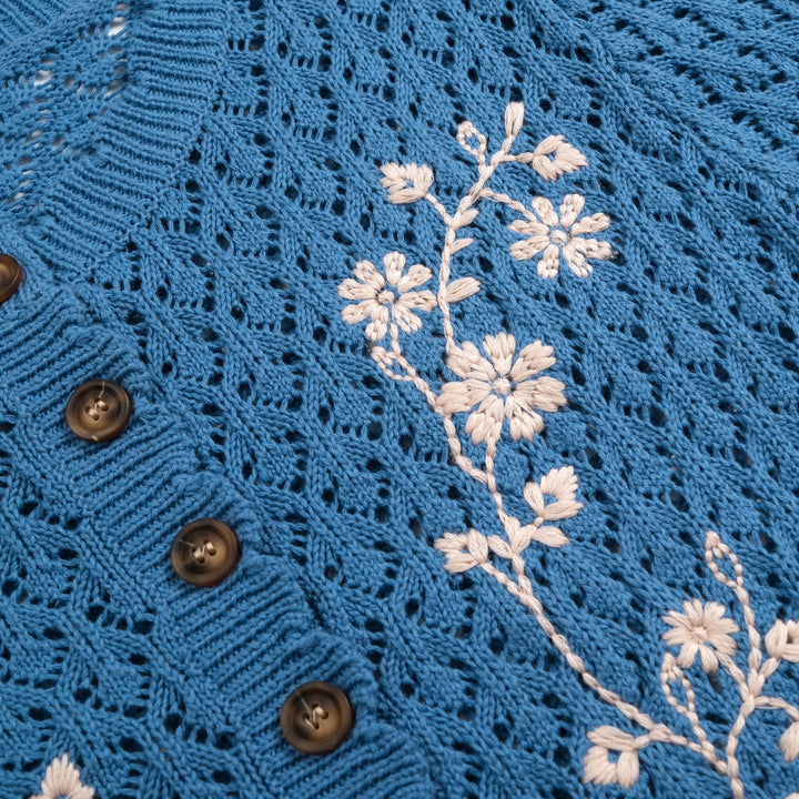 Women's Vintage Blue Openwork Floral Embroidered Ruffle Knit Cardigan