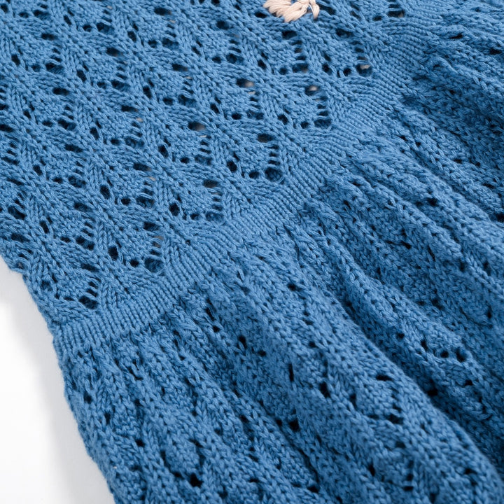 Women's Vintage Blue Openwork Floral Embroidered Ruffle Knit Cardigan