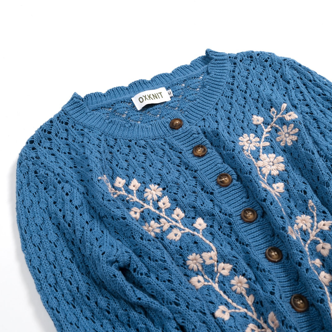 Women's Vintage Blue Openwork Floral Embroidered Ruffle Knit Cardigan