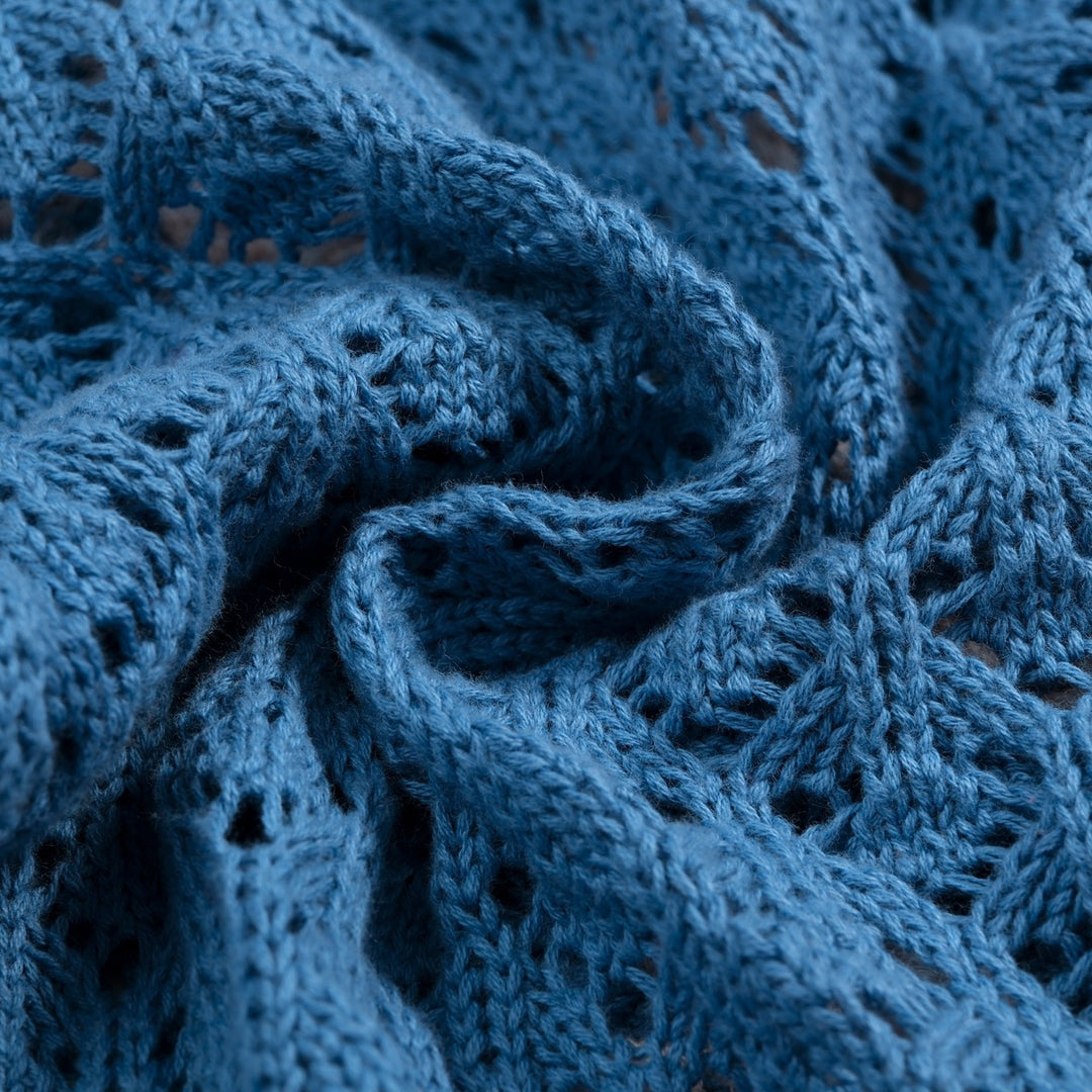 Women's Vintage Blue Openwork Floral Embroidered Ruffle Knit Cardigan