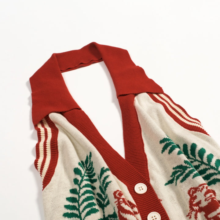 Women's Apricot Vintage Animal Pattern Jacquard Halter Knit Vest