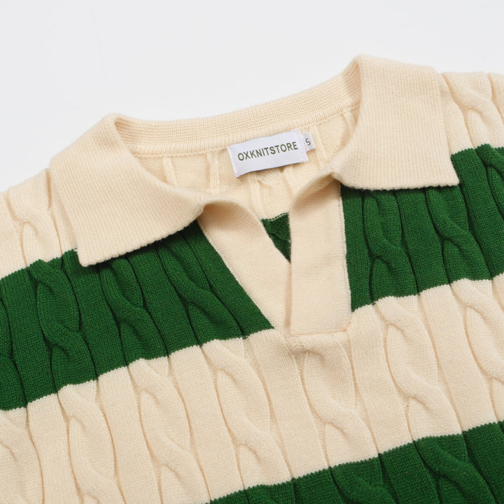 Men's green striped twist V-neck sweater