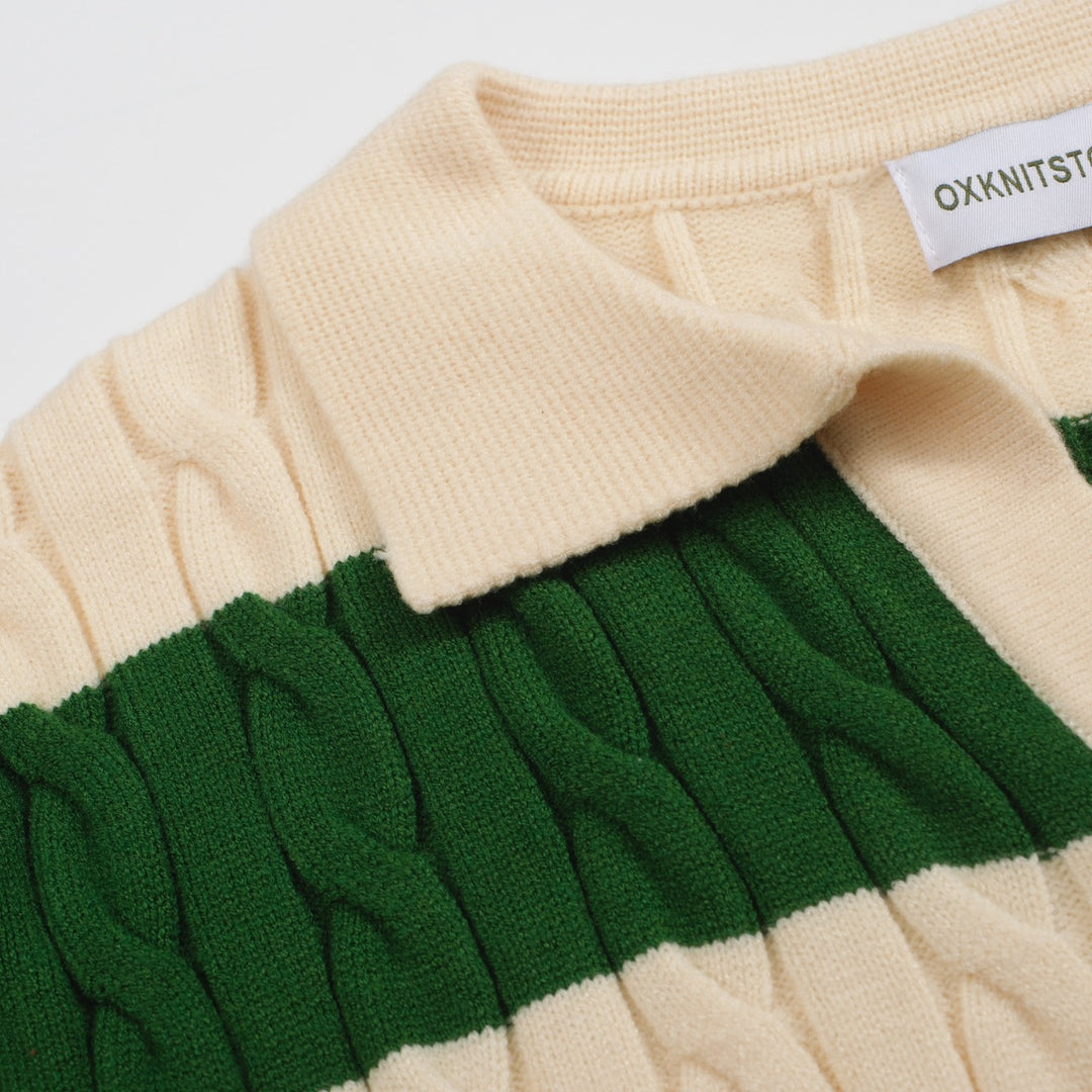 Men's green striped twist V-neck sweater