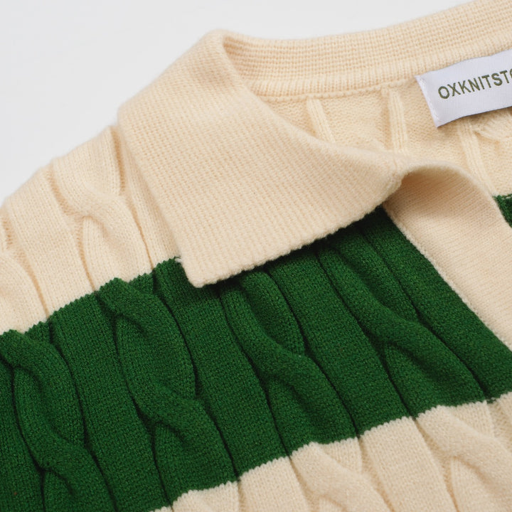 Men's green striped twist V-neck sweater