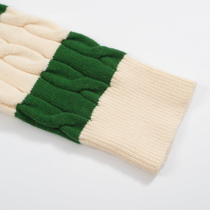 Men's green striped twist V-neck sweater
