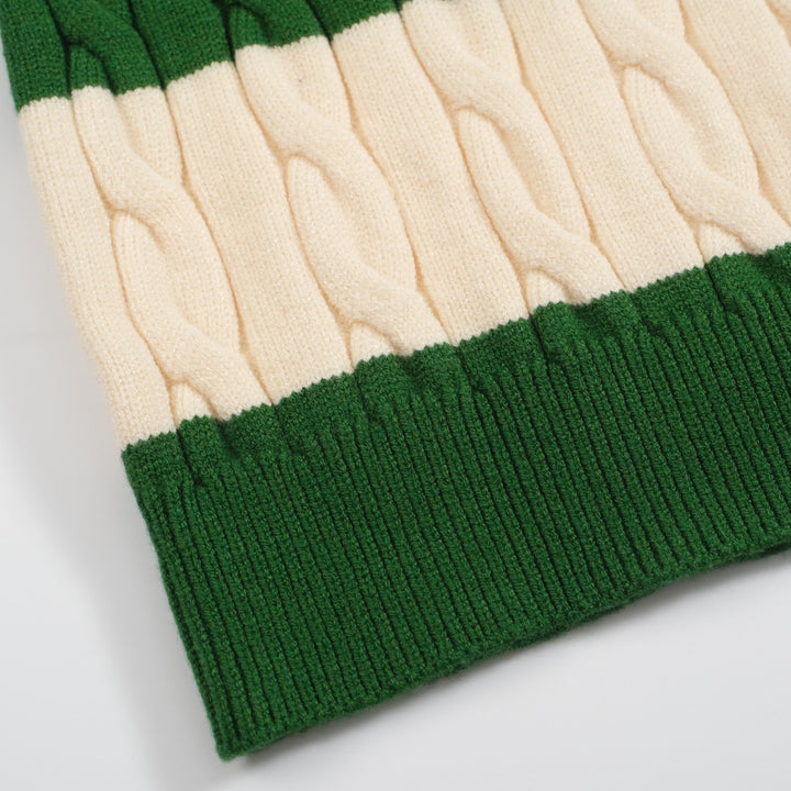 Men's green striped twist V-neck sweater