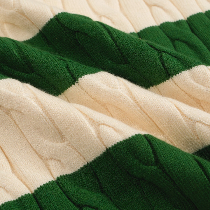 Men's green striped twist V-neck sweater