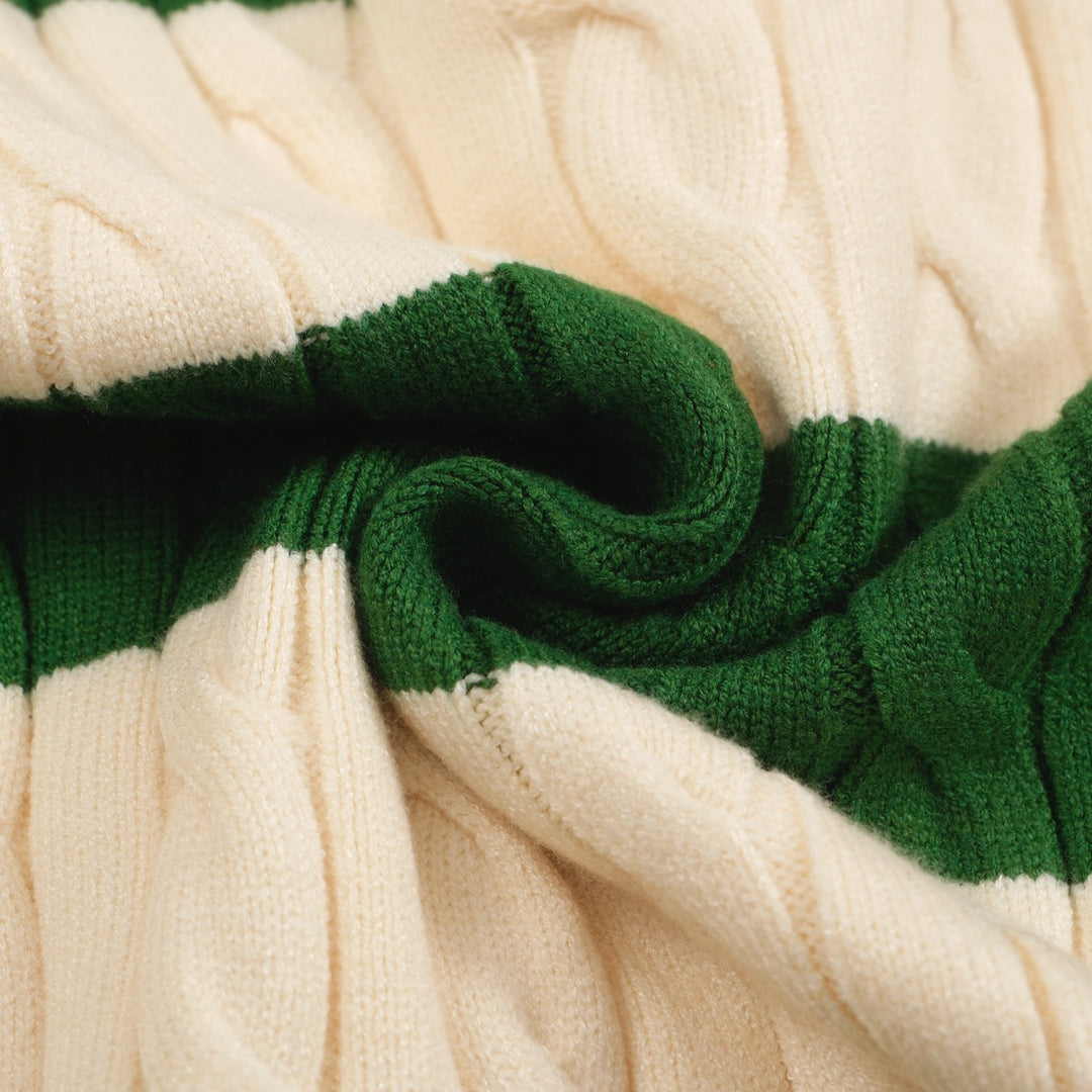 Men's green striped twist V-neck sweater