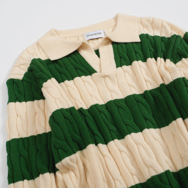 Men's green striped twist V-neck sweater