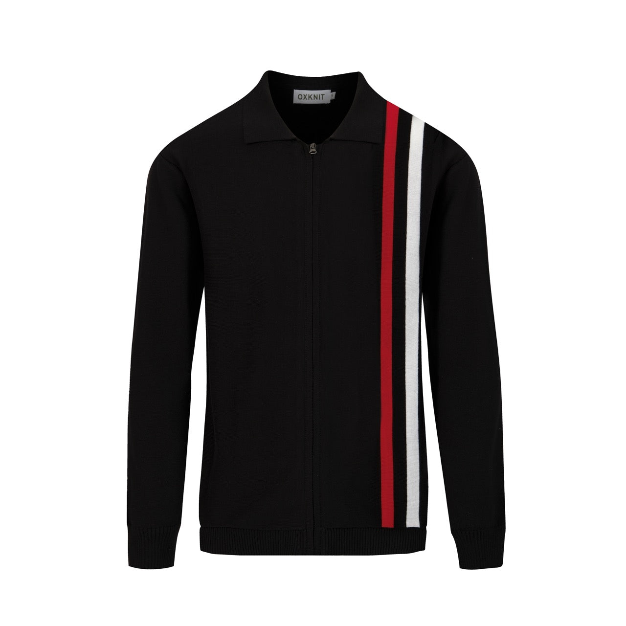 Men's Retro 1970s Zip-Up Knit Jacket | Vintage Black with Red