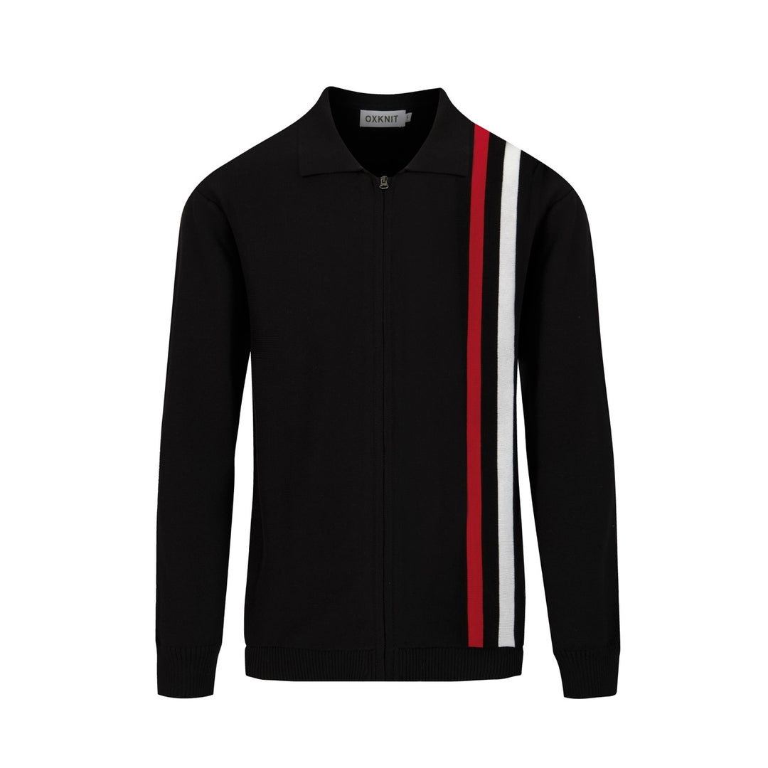 Men’s Retro 1970s Zip-Up Knit Jacket – Vintage Black with Red & White Vertical Stripes