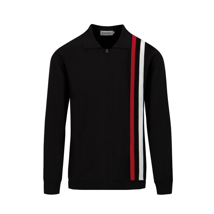Men’s Retro 1970s Zip-Up Knit Jacket – Vintage Black with Red & White Vertical Stripes