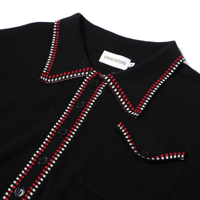 Polo rétro en tricot à manches longues noir classique style mod des années 1960 pour hommes