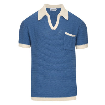 Men's blue knit V-neck polo shirt