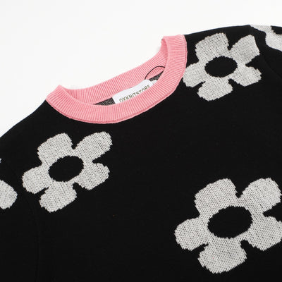Women's Crewneck Short Sleeve Flower Black Knitted T-Shirt