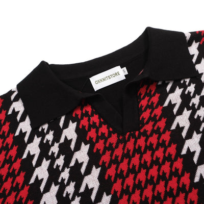 Men's Casual Retro Red White Houndstooth Black Knitted Polo Shirt