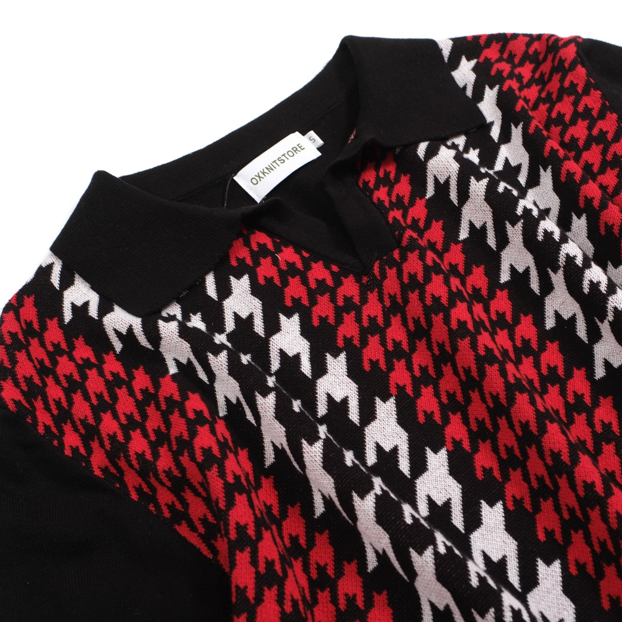 Men's Casual Retro Red White Houndstooth Black Knitted Polo Shirt
