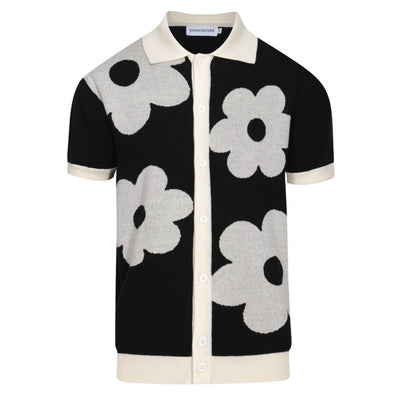 Men's black knit Polo shirt with white floral