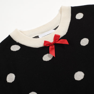 Women's knit crew neck bow cute polka dot T-shirt