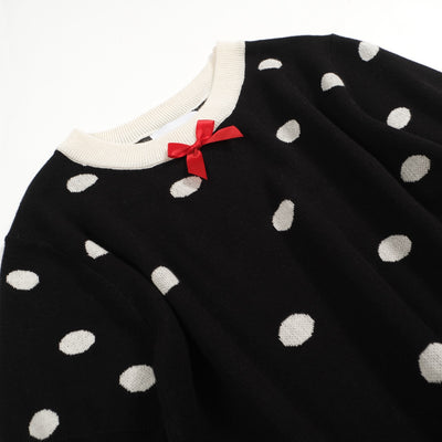 Women's knit crew neck bow cute polka dot T-shirt