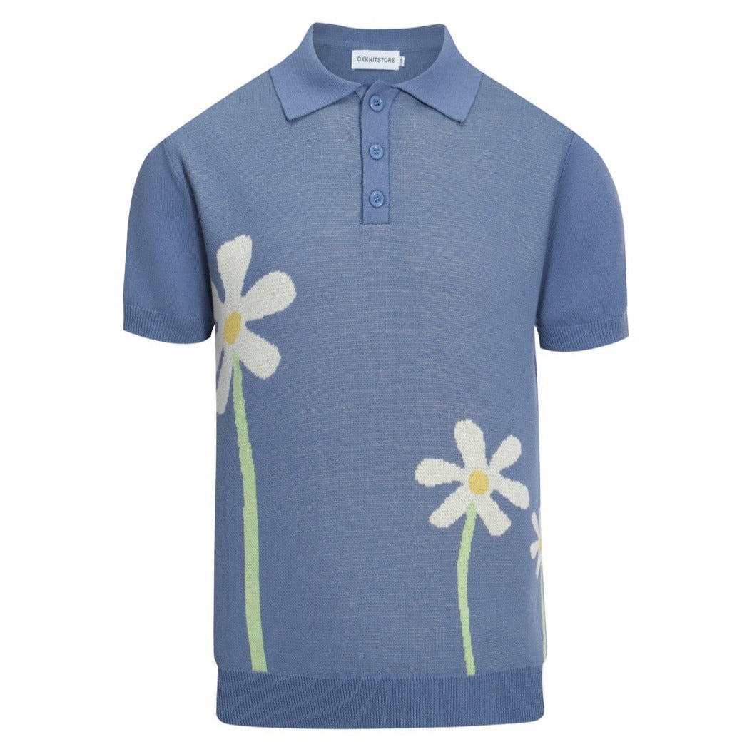Men's blue art flower knit polo shirt
