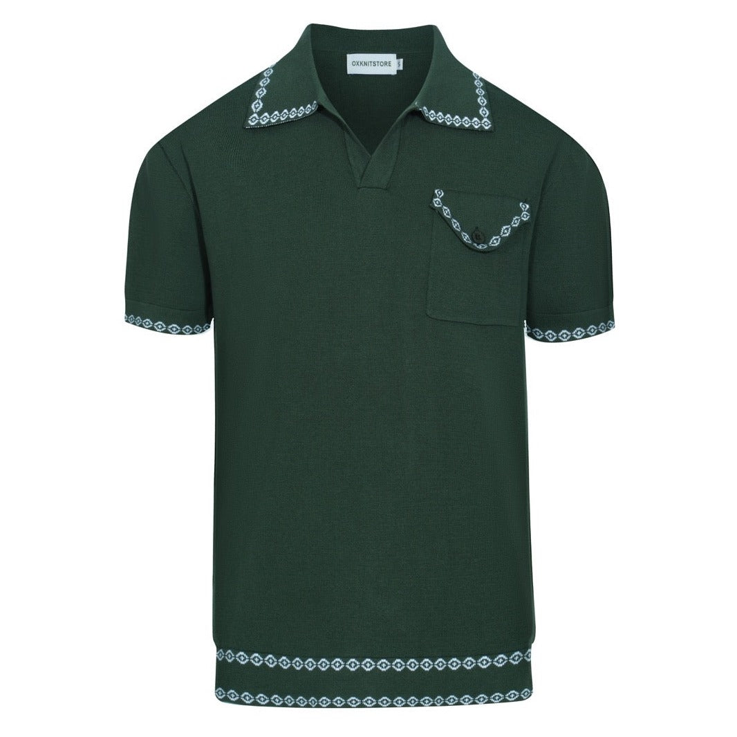 Men's green retro V-neck knit polo shirt