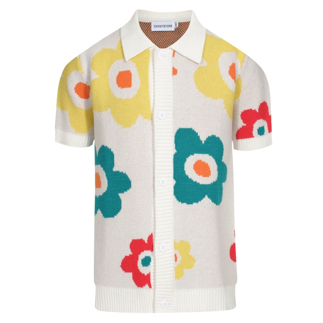 Men's short-sleeved cardigan knit polo with flowers