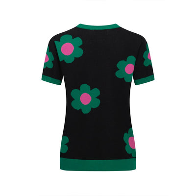 Women's green flower crewneck knit T-shirt