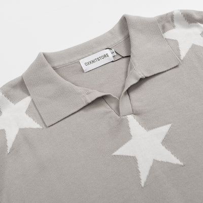 Men's grey star V-neck knit polo shirt