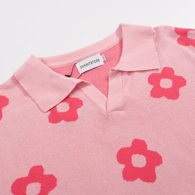 Men's pink vintage floral knit polo shirt
