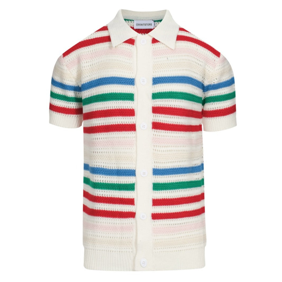 Men's white resort shirt with color stripe