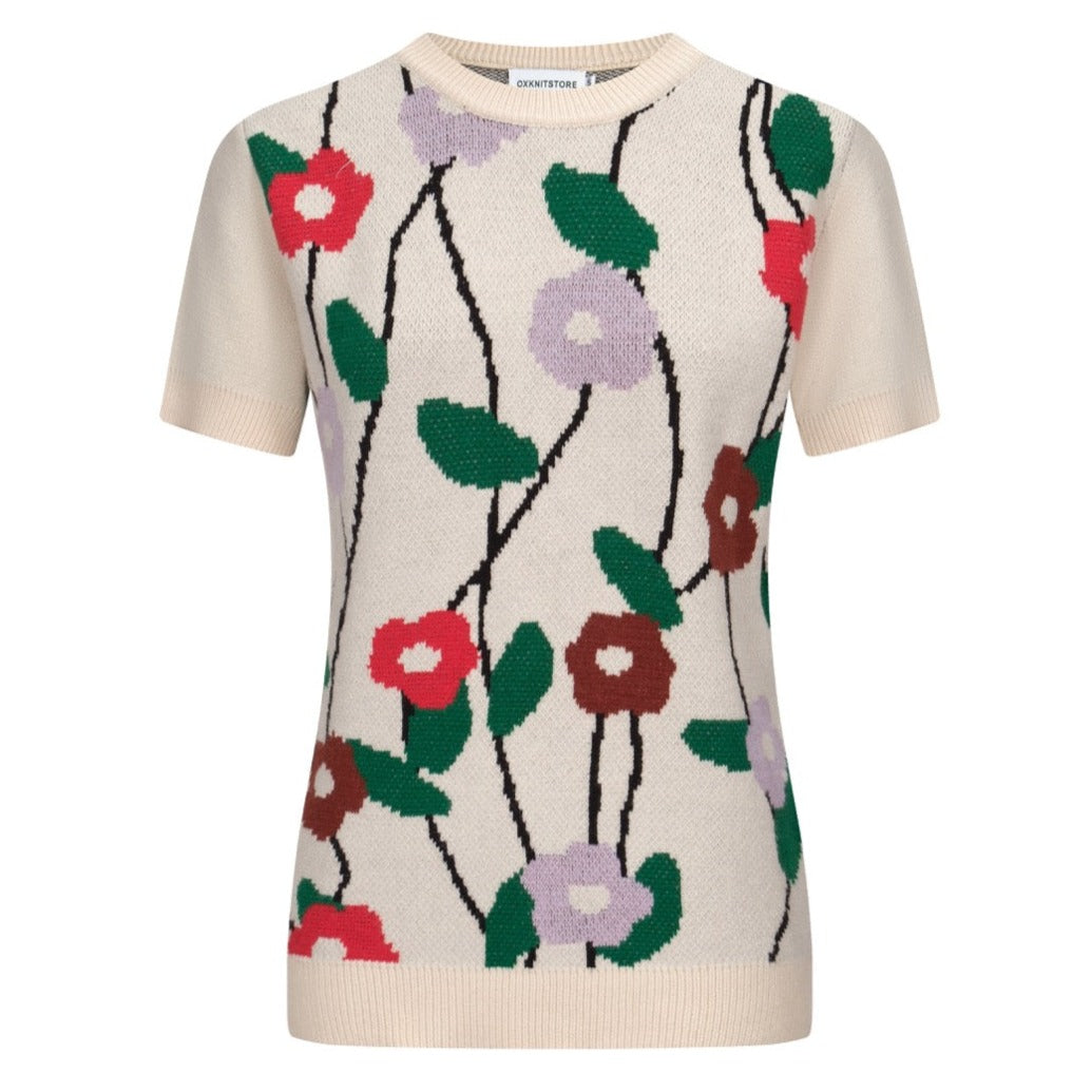 Women's knitted T-shirt with apricot flowers