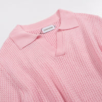 Men's 60s Mod Pink Waffle Knit Polo – Lightweight Retro V-Neck Shirt