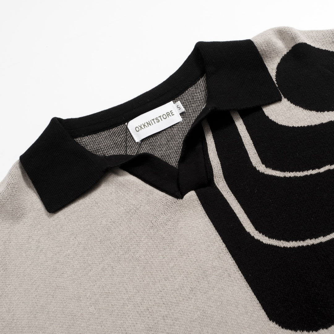 Men’s Vintage 1960s MOD Knit Polo Shirt – Retro Black & Gary Geometric Pattern