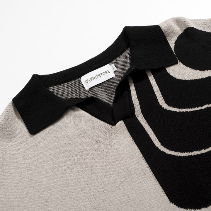 Men’s Vintage 1960s MOD Knit Polo Shirt – Retro Black & Gary Geometric Pattern