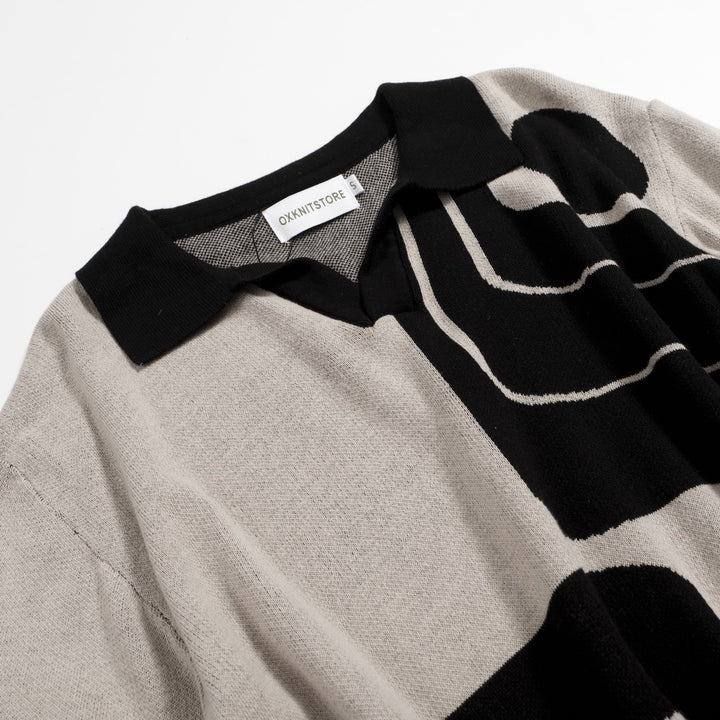Men’s Vintage 1960s MOD Knit Polo Shirt – Retro Black & Gary Geometric Pattern