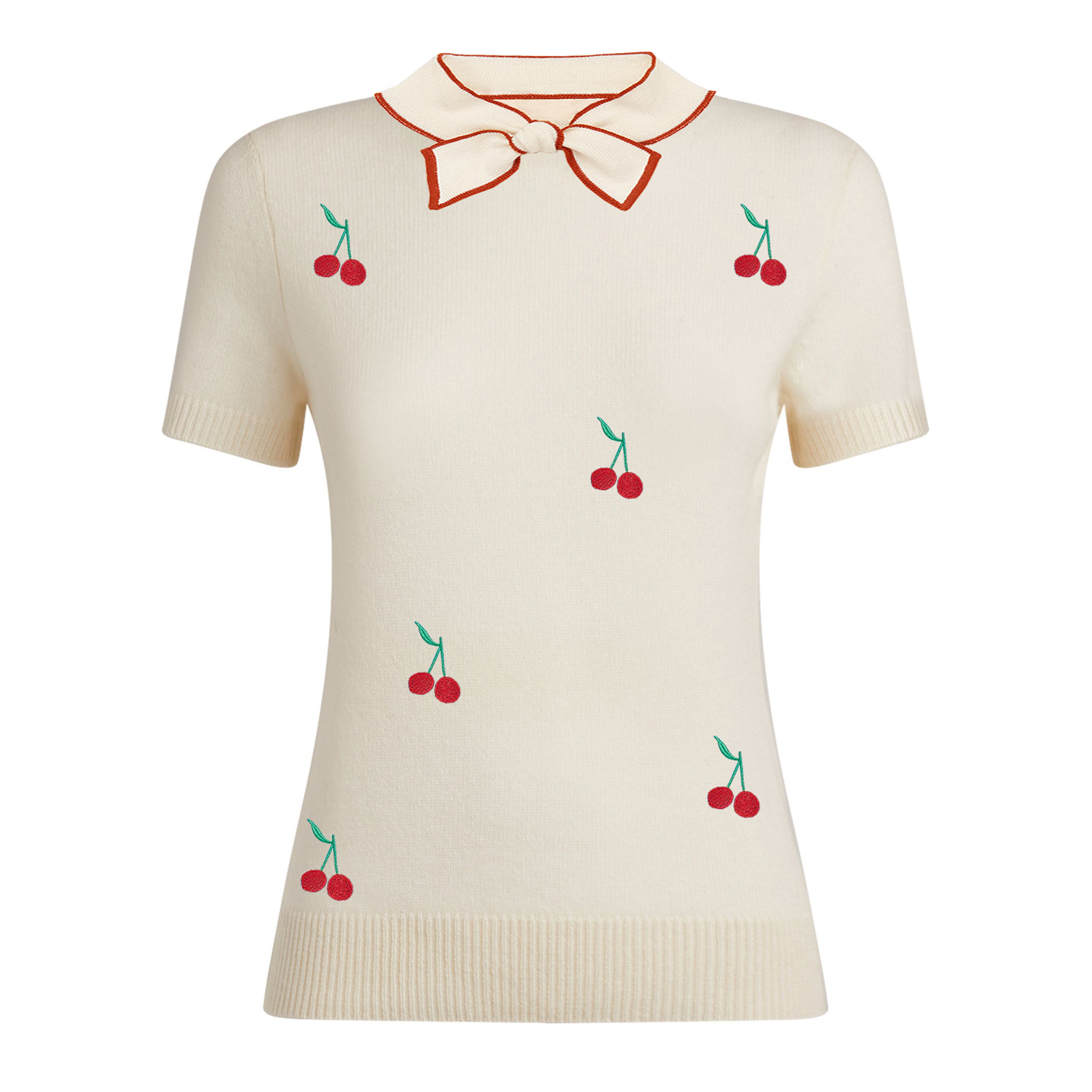 Women's rice apricot cherry embroidered knitted T-shirt