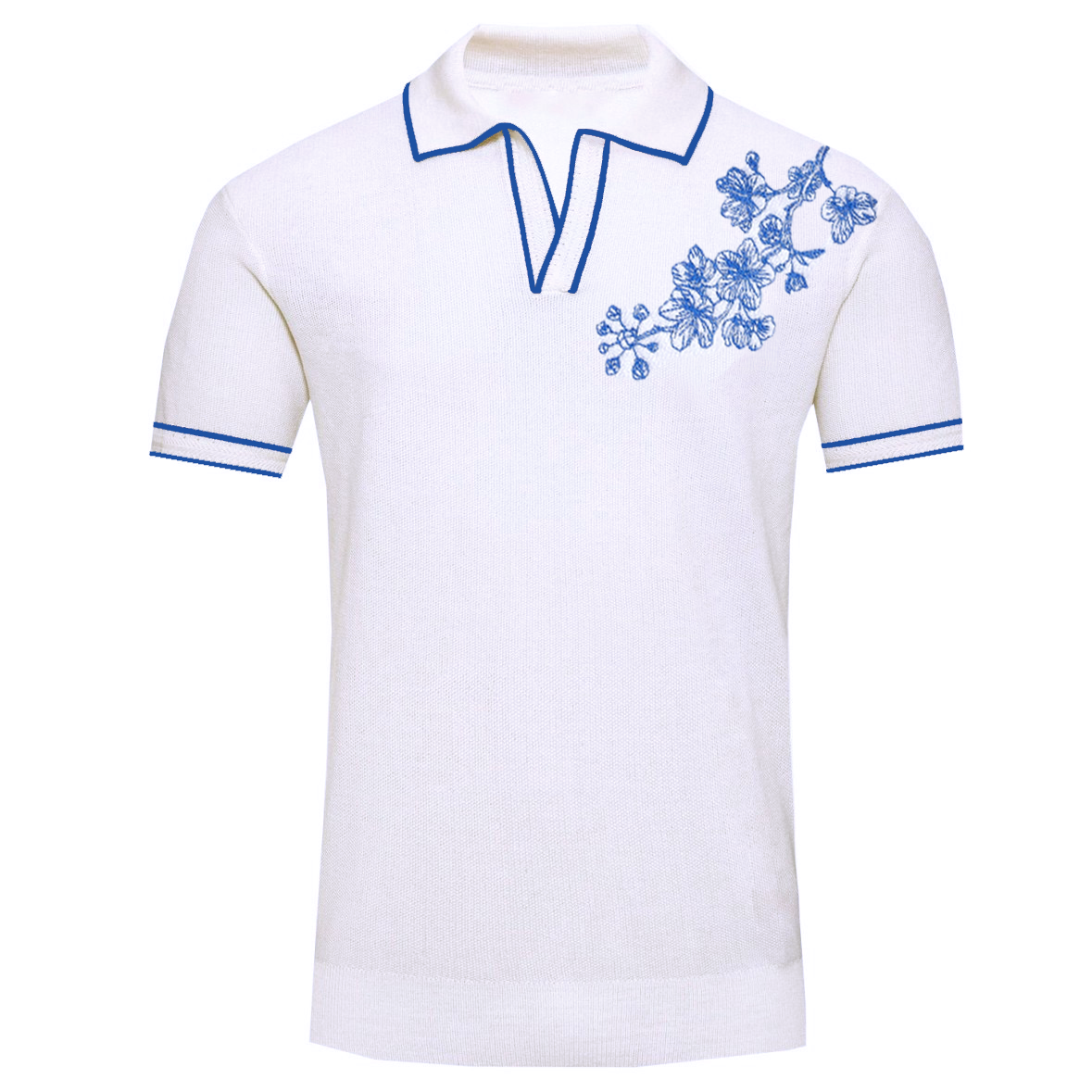 Men's white vintage V-neck embroidered knit polo shirt
