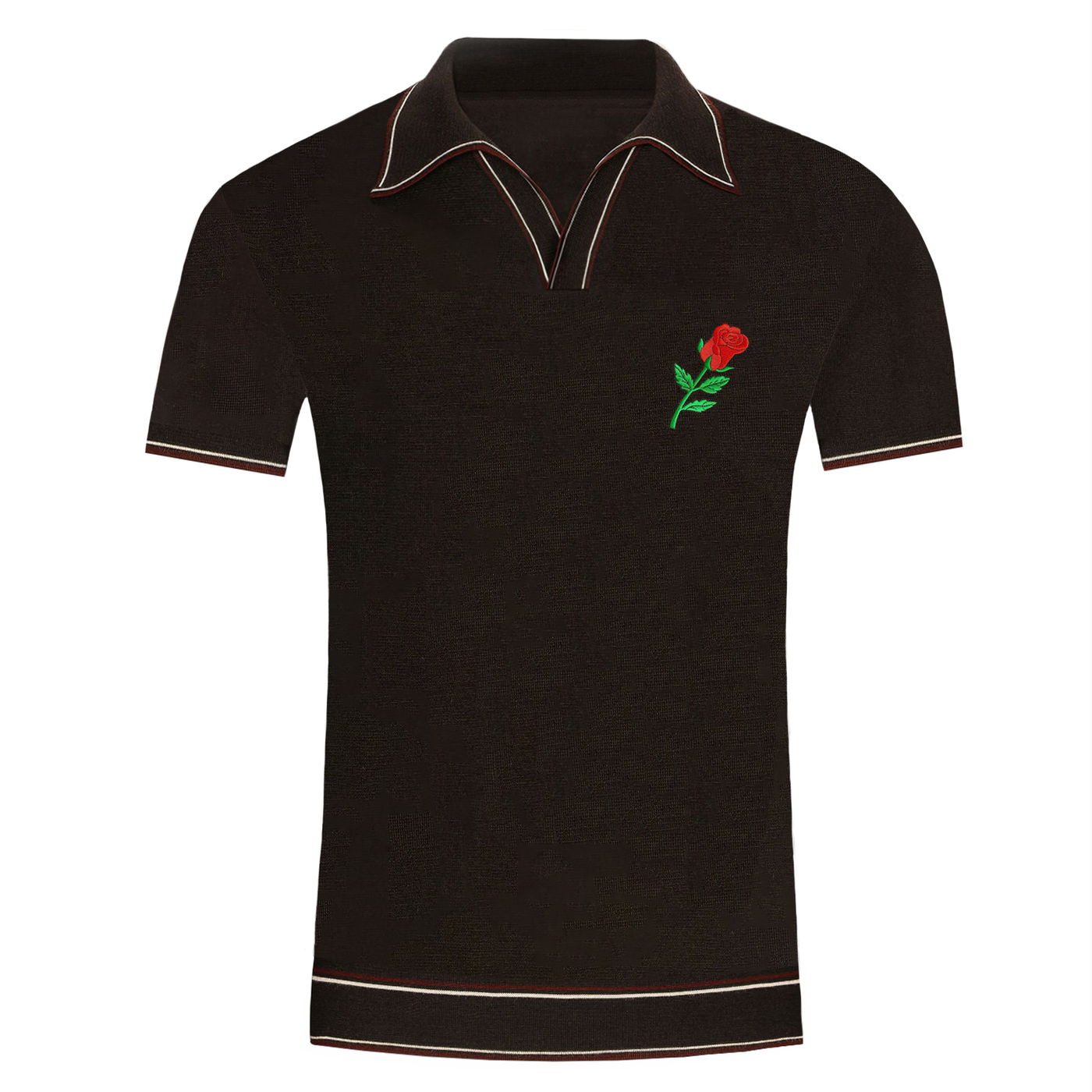 Men's brown vintage period V-neck embroidered knit polo shirt