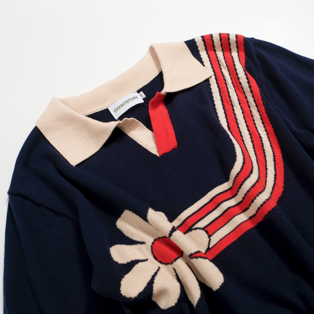 Men's Retro 1970s Daisy Knit Polo Shirt | Vintage Navy with Men's Retro 1970s Daisy Knit Polo Shirt | Vintage Navy with