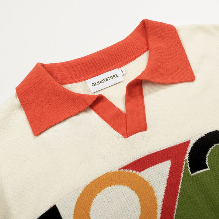 Men’s Retro 1972 Knit Polo Shirt – Vintage Graphic Top in Cream, Olive & Orange