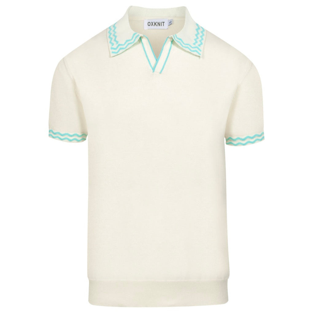 Men's Vintage Knit Polo Shirt Retro Cream Button-Up with Sky