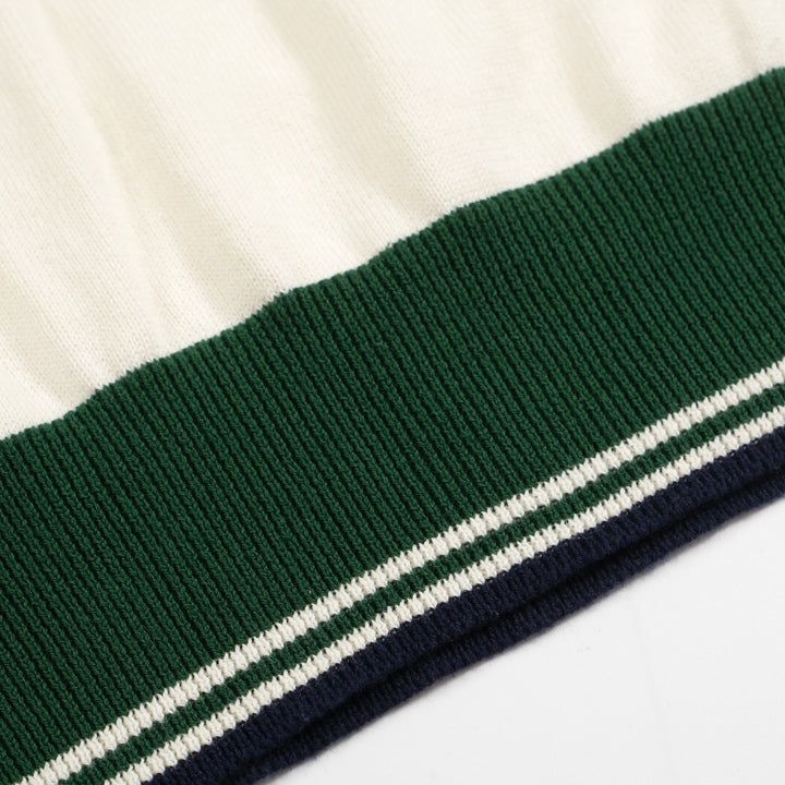 Men’s Vintage 1970s Knit Polo Shirt – Retro Cream with Green Striped Collar and Trim