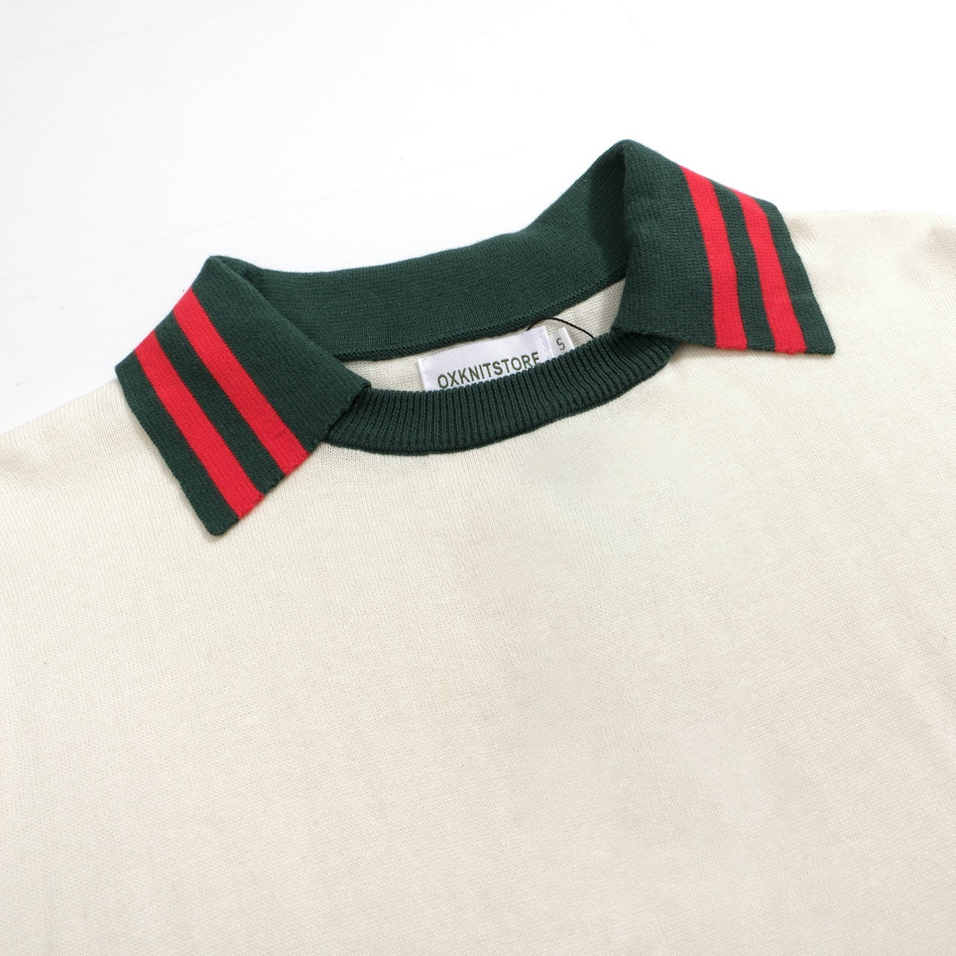 Men's 60s Mod Cream Knit Tee – Green & Red Stripe Trim