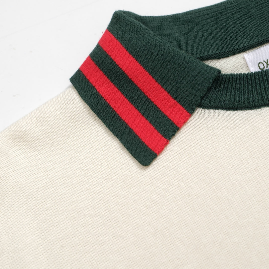 Men's 60s Mod Cream Knit Tee – Green & Red Stripe Trim