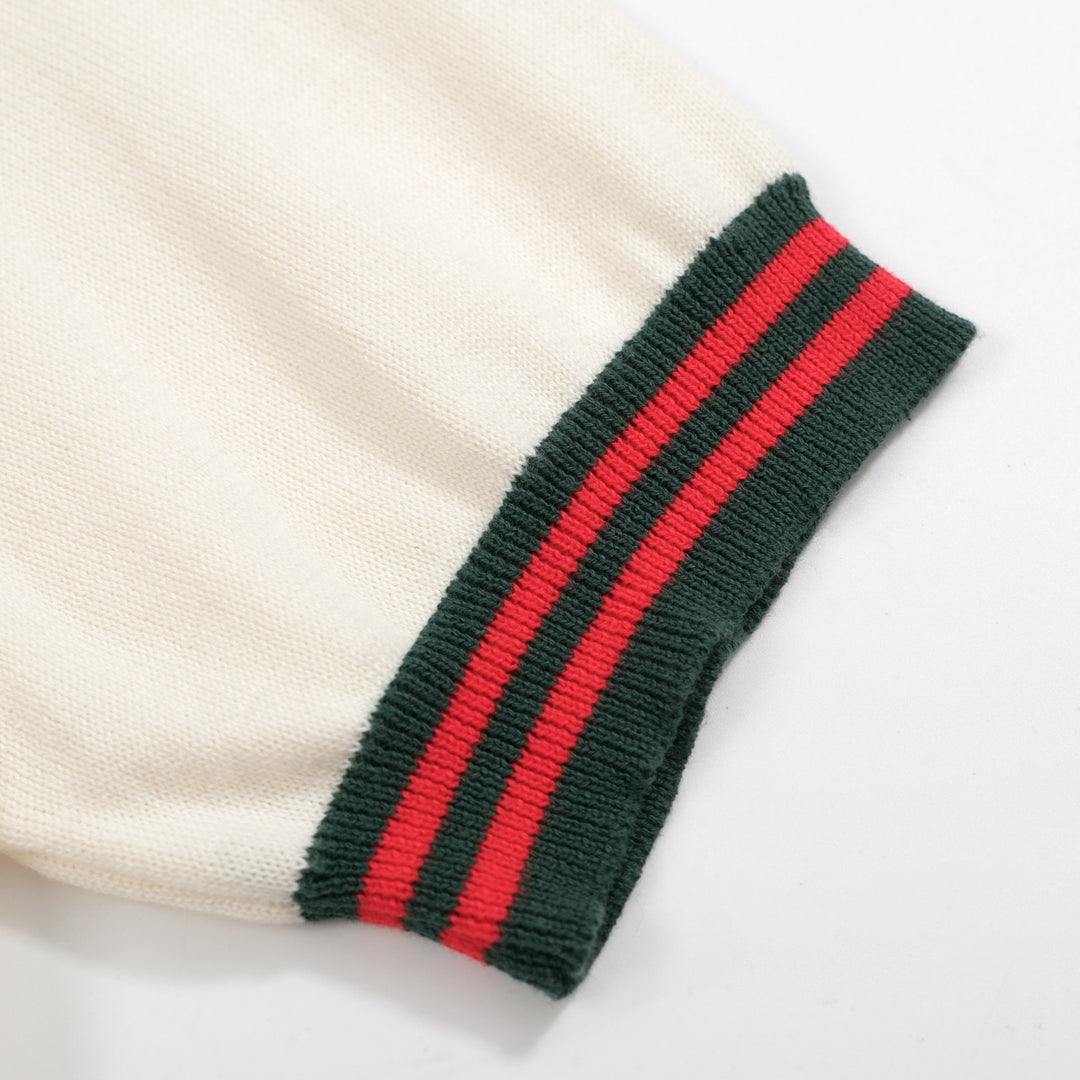 Men's 60s Mod Cream Knit Tee – Green & Red Stripe Trim