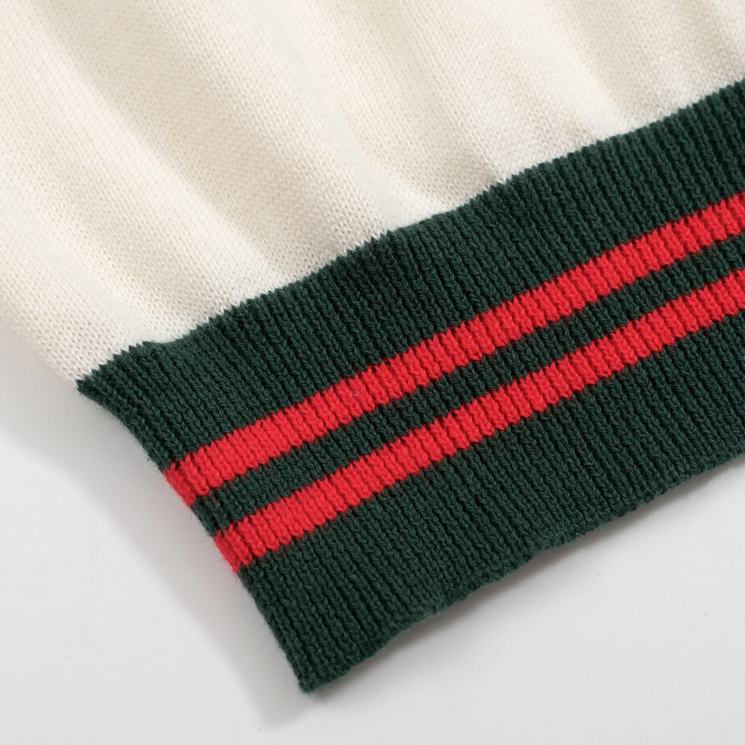 Men's 60s Mod Cream Knit Tee – Green & Red Stripe Trim