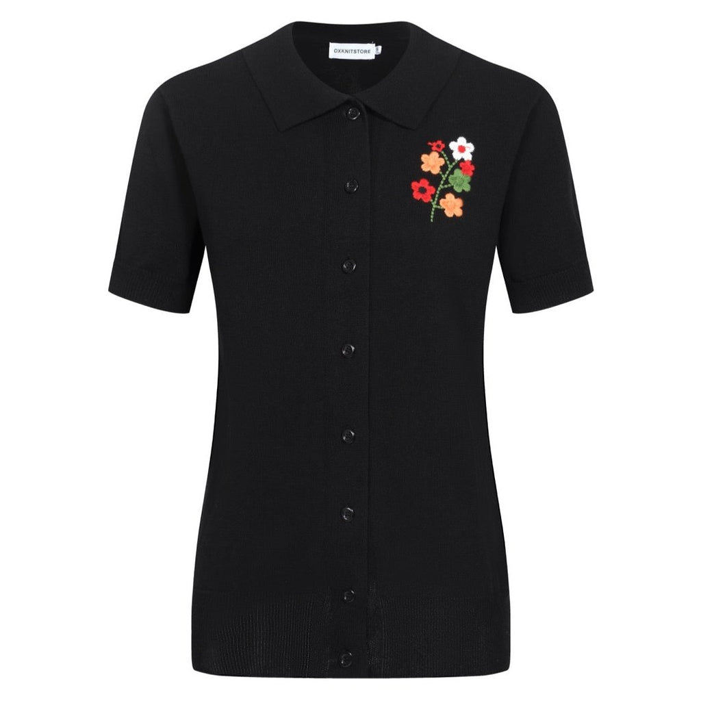 Women's black vintage embroidered floral cardigan top – OXKnit